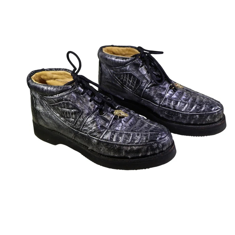 Los Altos Mens 8.5 Exotic Boots Black Metallic Crocodile Ostrich Leather Chukka